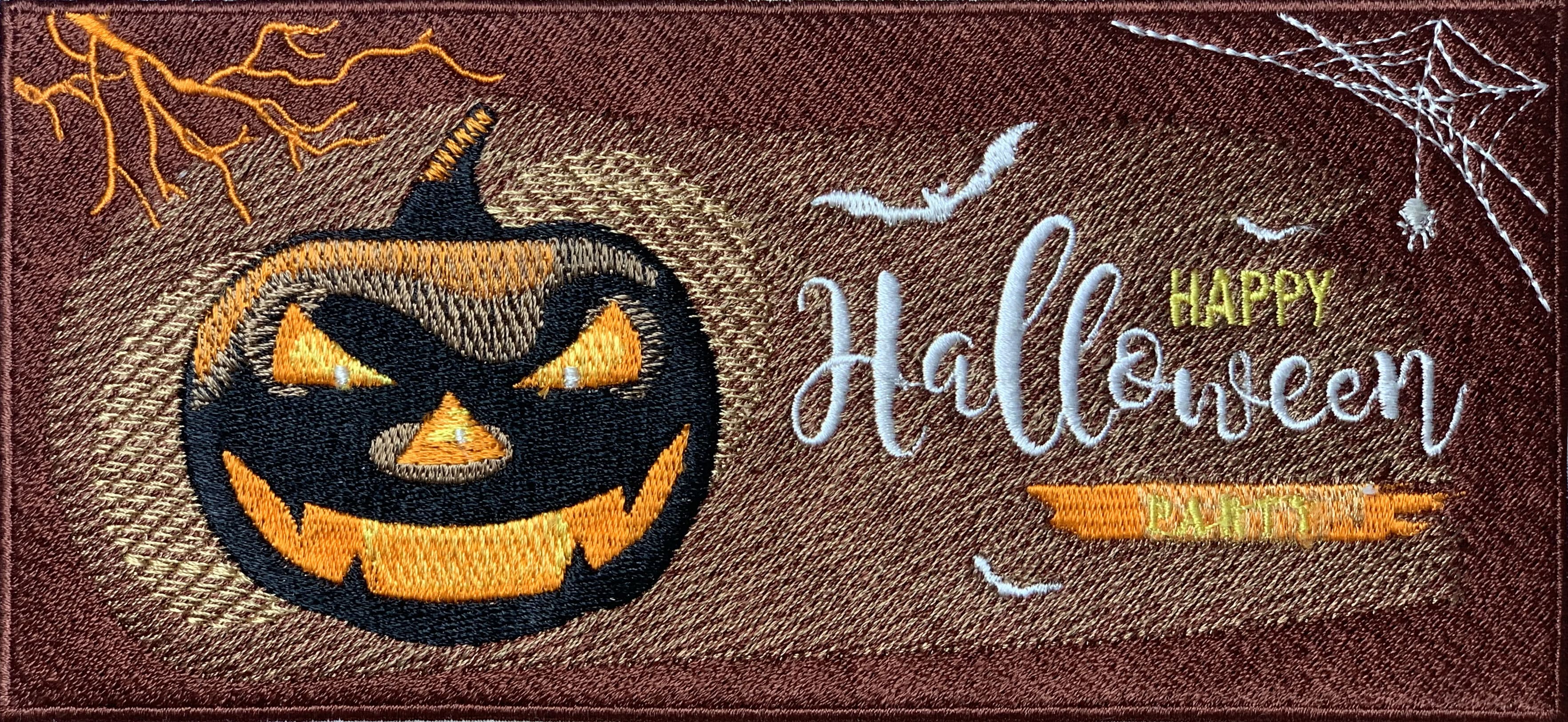 embroidery design of Halloween zombie running with a pumpkin